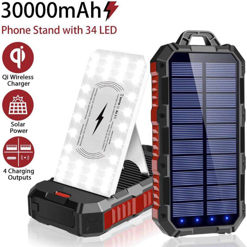 Solar Charger Power Bank 30000Mah Qi Wireless Charger USB Type C Inputs 5V3A Output External Battery Pack IP65 Waterproof - HDL528